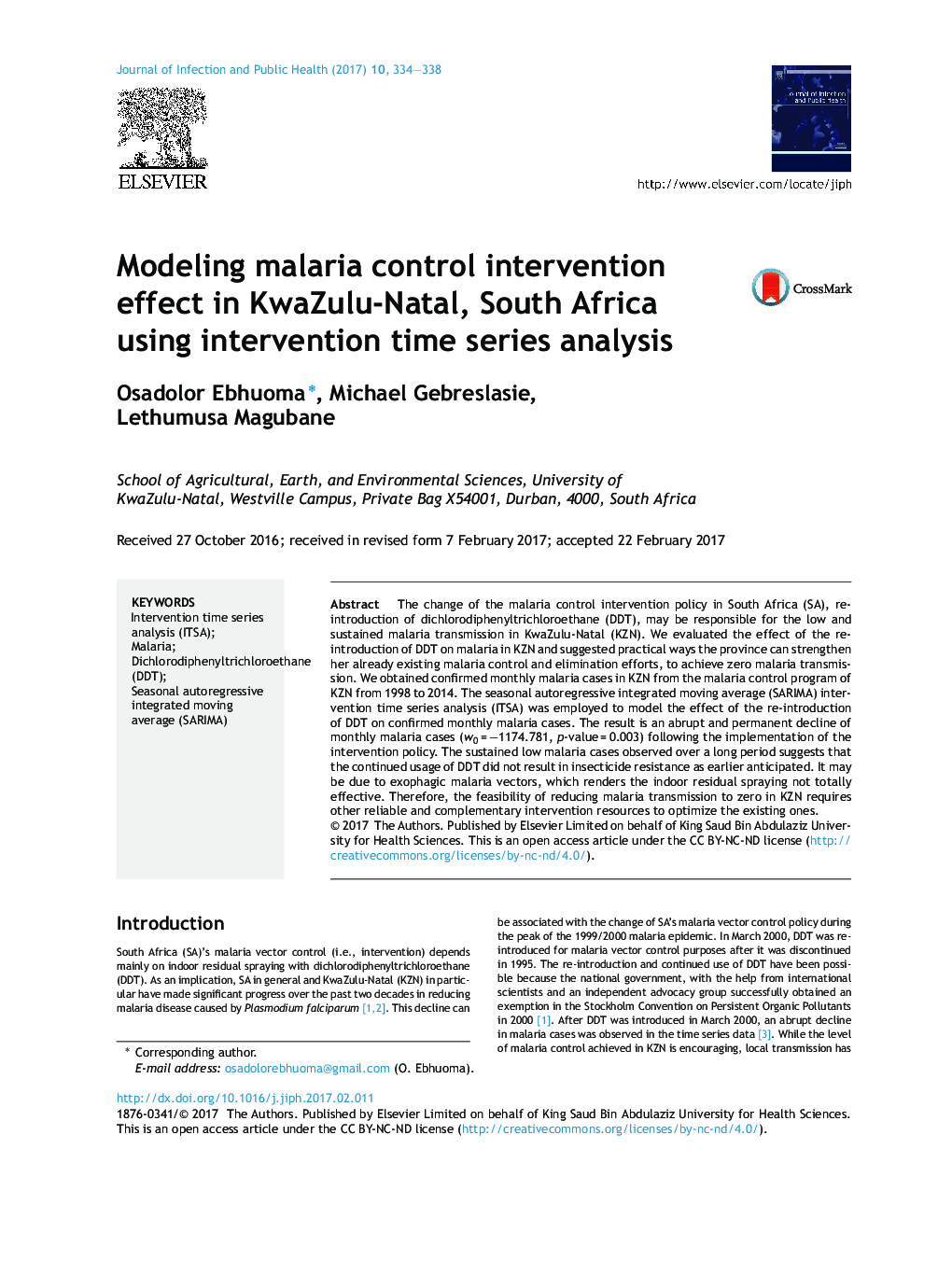 Modeling malaria control intervention effect in KwaZulu-Natal, South Africa using intervention time series analysis