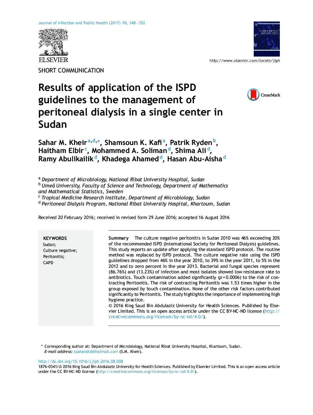 Results of application of the ISPD guidelines to the management of peritoneal dialysis in a single center in Sudan