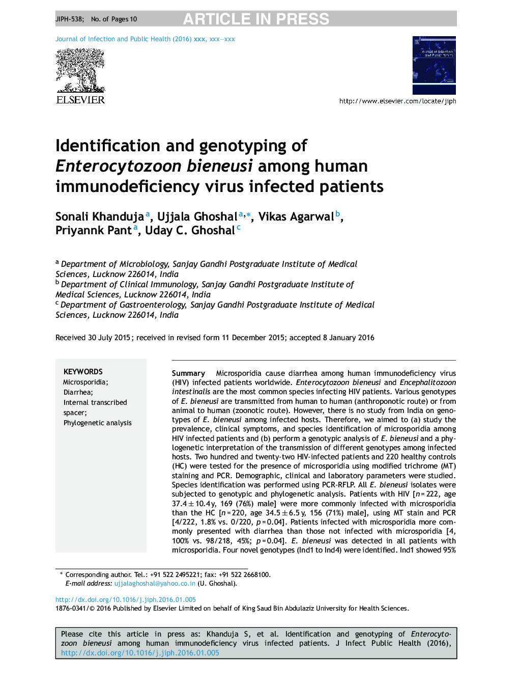 Identification and genotyping of Enterocytozoon bieneusi among human immunodeficiency virus infected patients