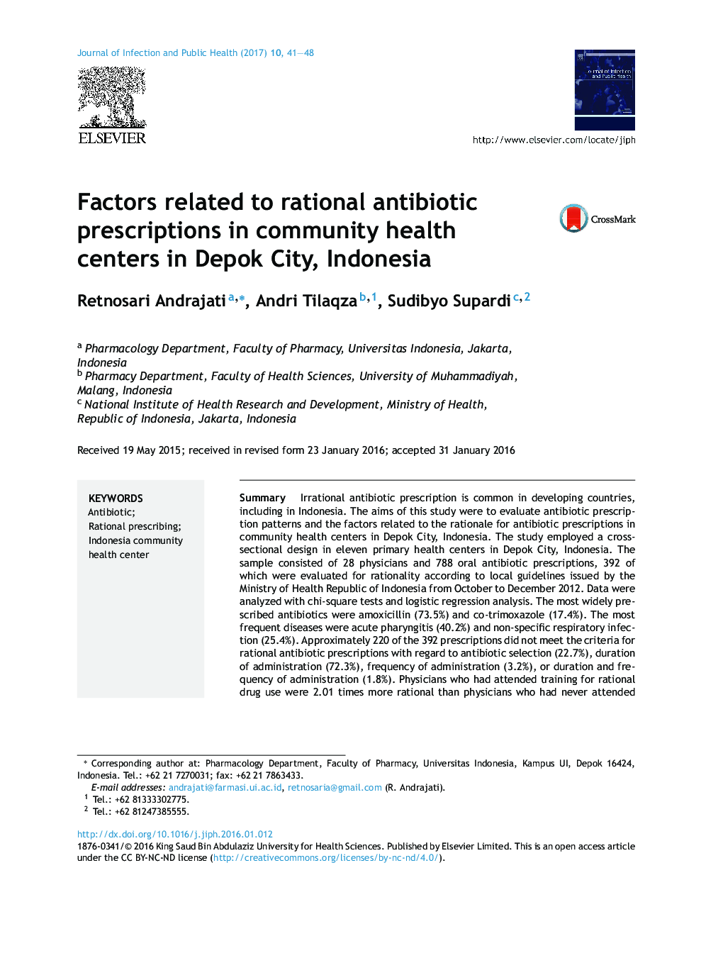 Factors related to rational antibiotic prescriptions in community health centers in Depok City, Indonesia