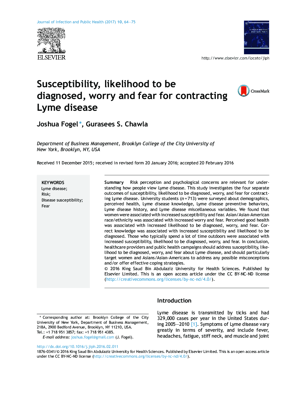 Susceptibility, likelihood to be diagnosed, worry and fear for contracting Lyme disease