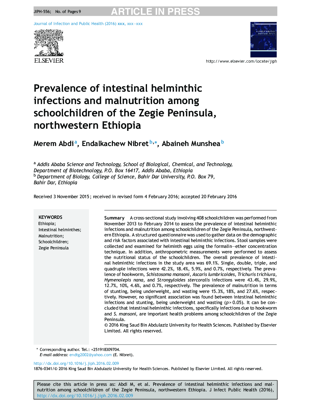 Prevalence of intestinal helminthic infections and malnutrition among schoolchildren of the Zegie Peninsula, northwestern Ethiopia