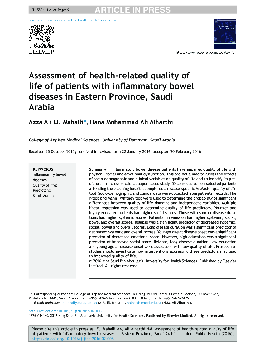 Assessment of health-related quality of life of patients with inflammatory bowel diseases in Eastern Province, Saudi Arabia