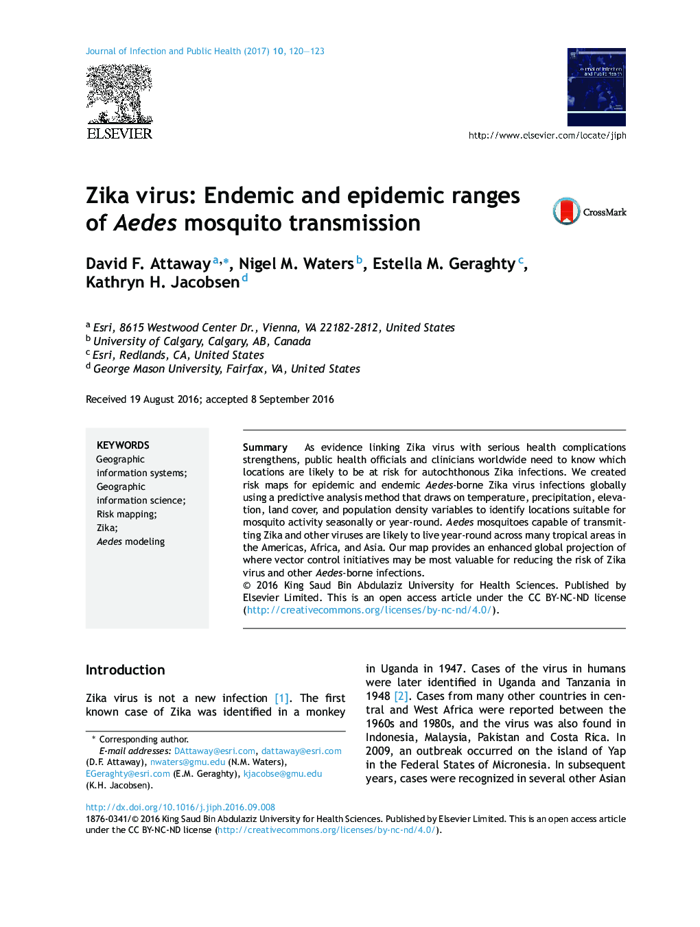 Zika virus: Endemic and epidemic ranges of Aedes mosquito transmission