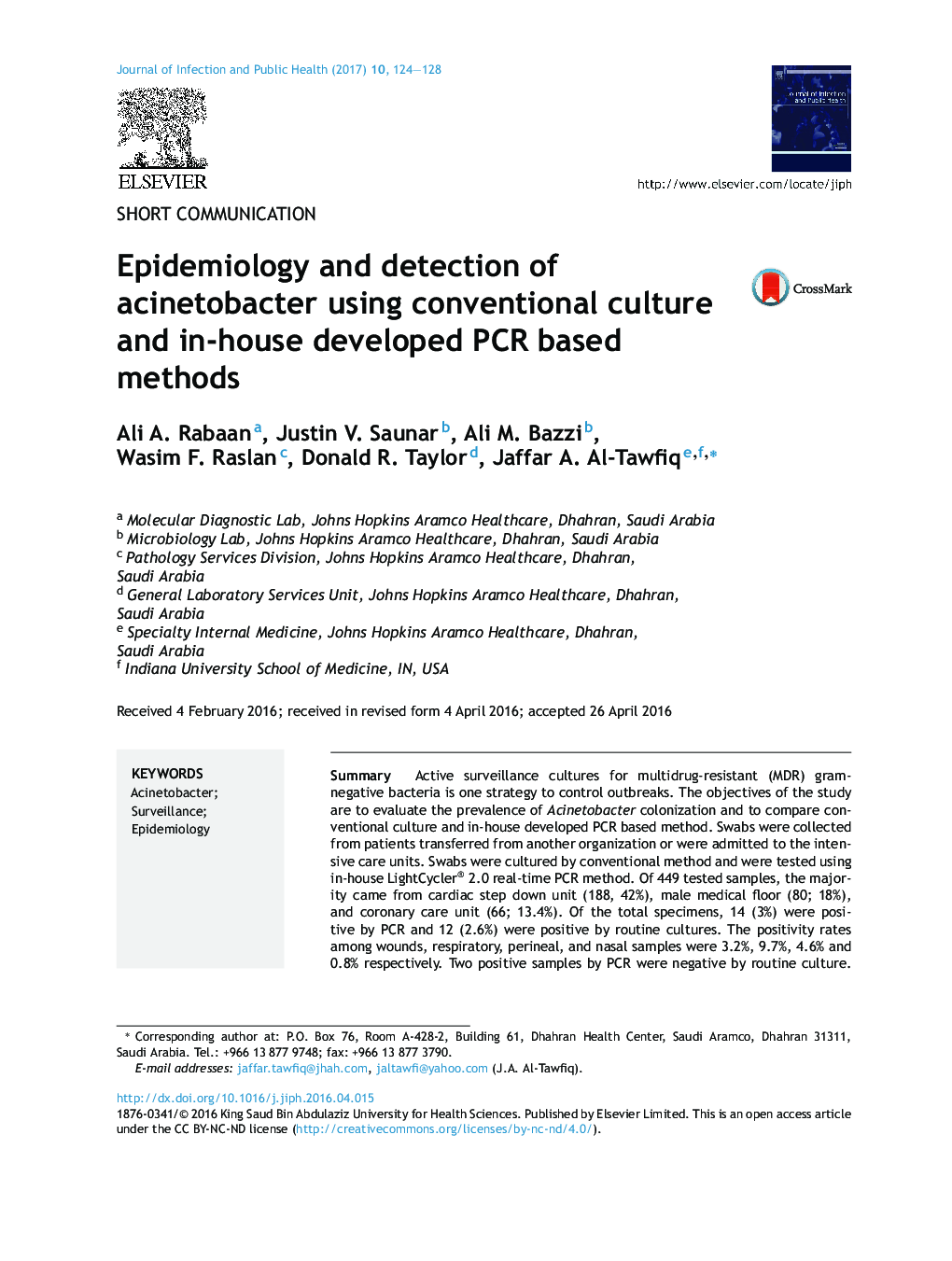 Epidemiology and detection of acinetobacter using conventional culture and in-house developed PCR based methods