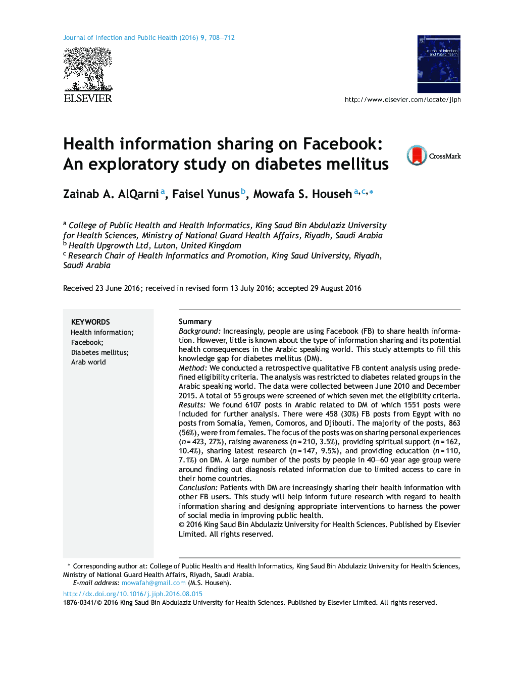 Health information sharing on Facebook: An exploratory study on diabetes mellitus