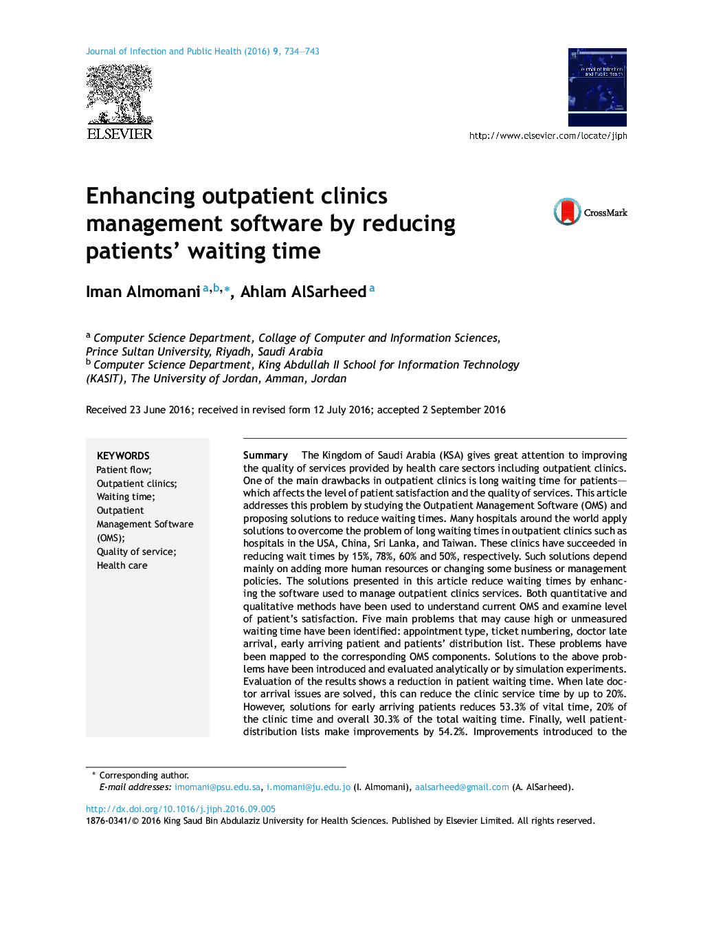 Enhancing outpatient clinics management software by reducing patients' waiting time