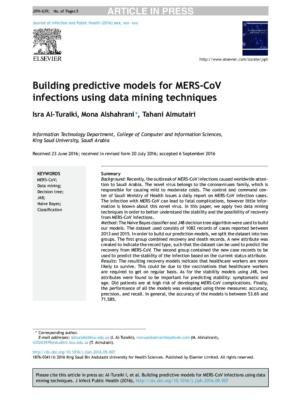 Building predictive models for MERS-CoV infections using data mining techniques