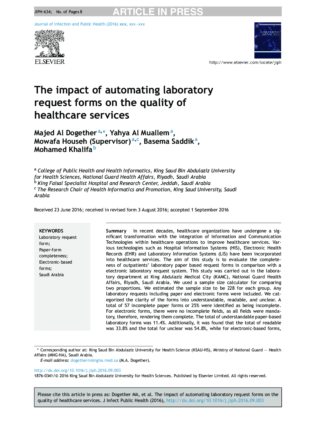 The impact of automating laboratory request forms on the quality of healthcare services