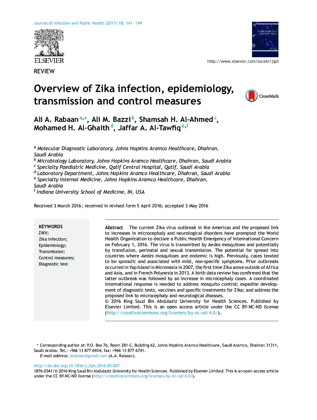 Overview of Zika infection, epidemiology, transmission and control measures