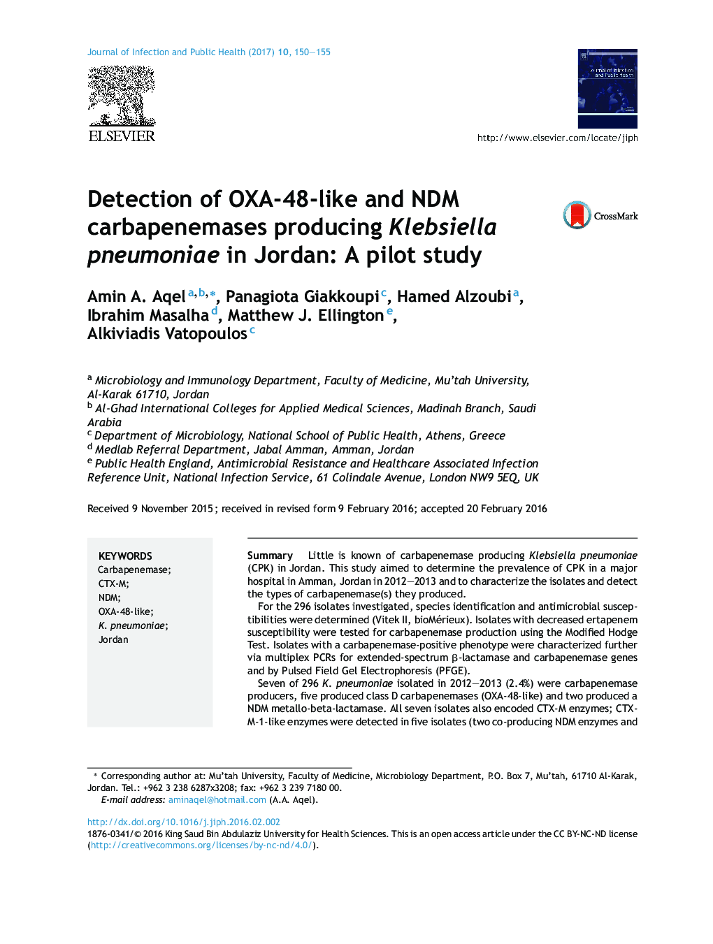 Detection of OXA-48-like and NDM carbapenemases producing Klebsiella pneumoniae in Jordan: A pilot study