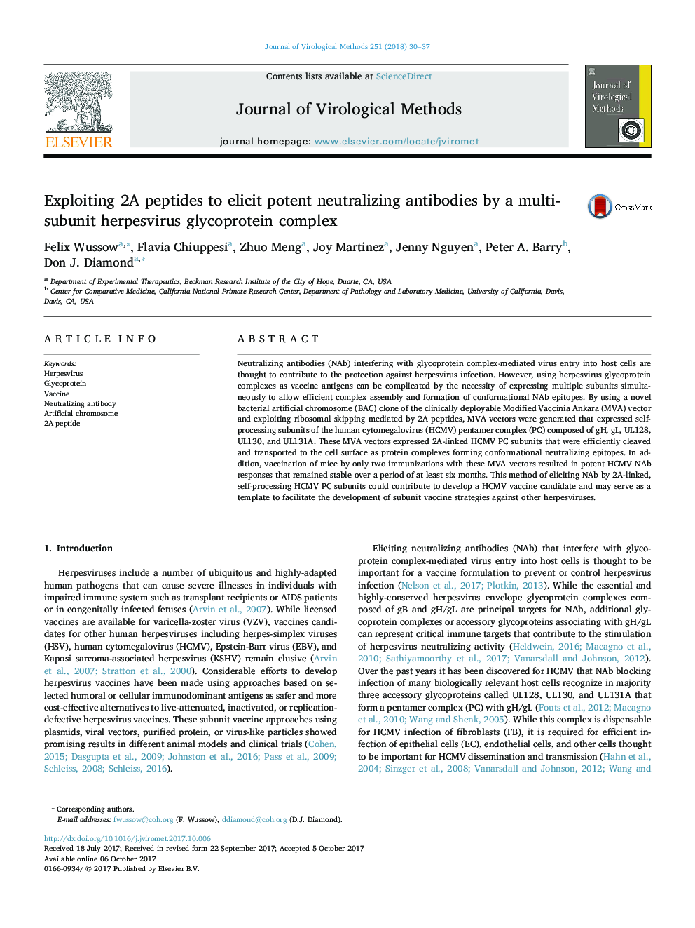 Exploiting 2A peptides to elicit potent neutralizing antibodies by a multi-subunit herpesvirus glycoprotein complex