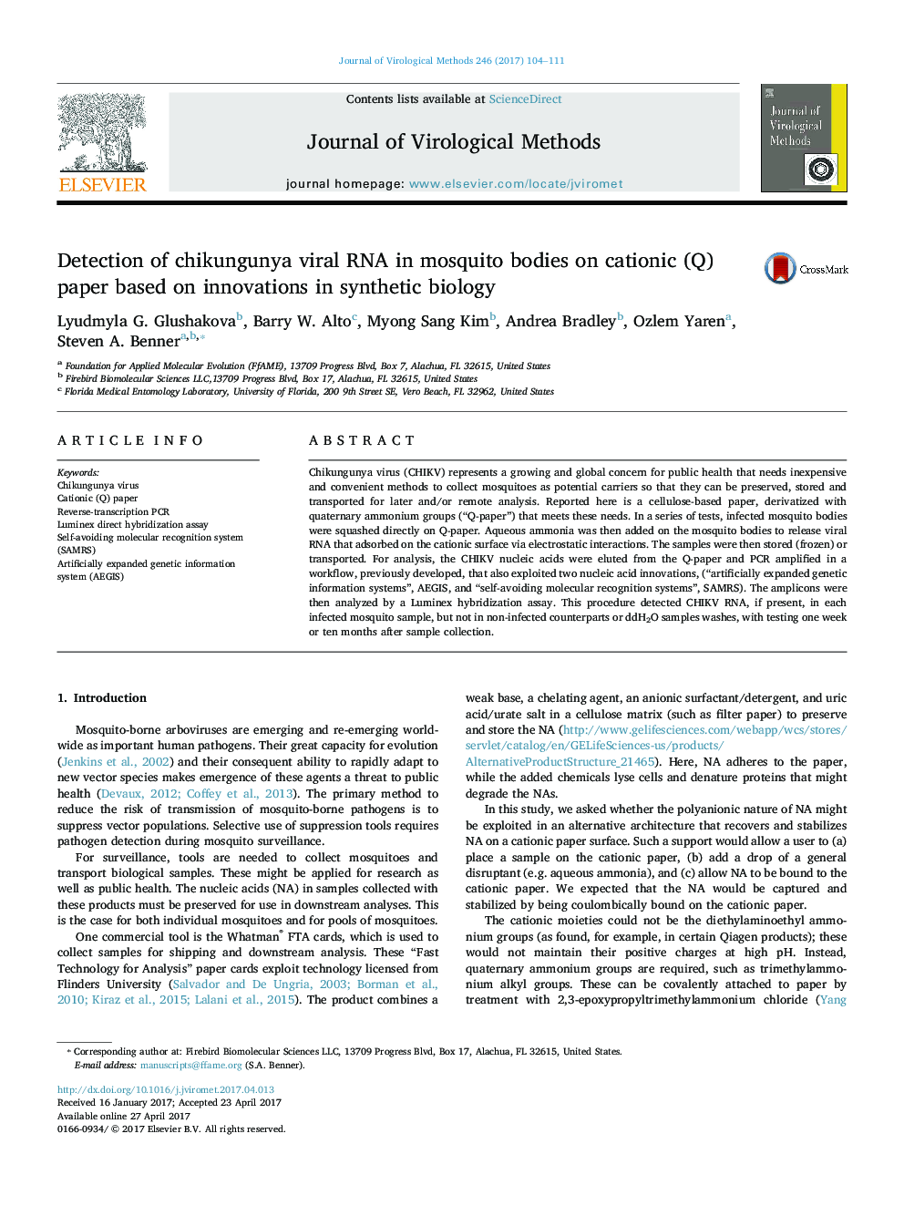 Detection of chikungunya viral RNA in mosquito bodies on cationic (Q) paper based on innovations in synthetic biology