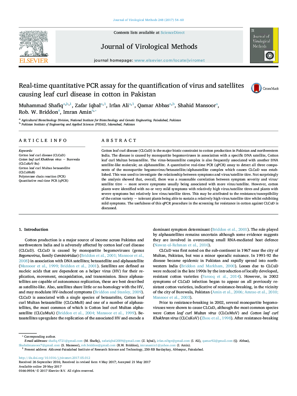 Real-time quantitative PCR assay for the quantification of virus and satellites causing leaf curl disease in cotton in Pakistan