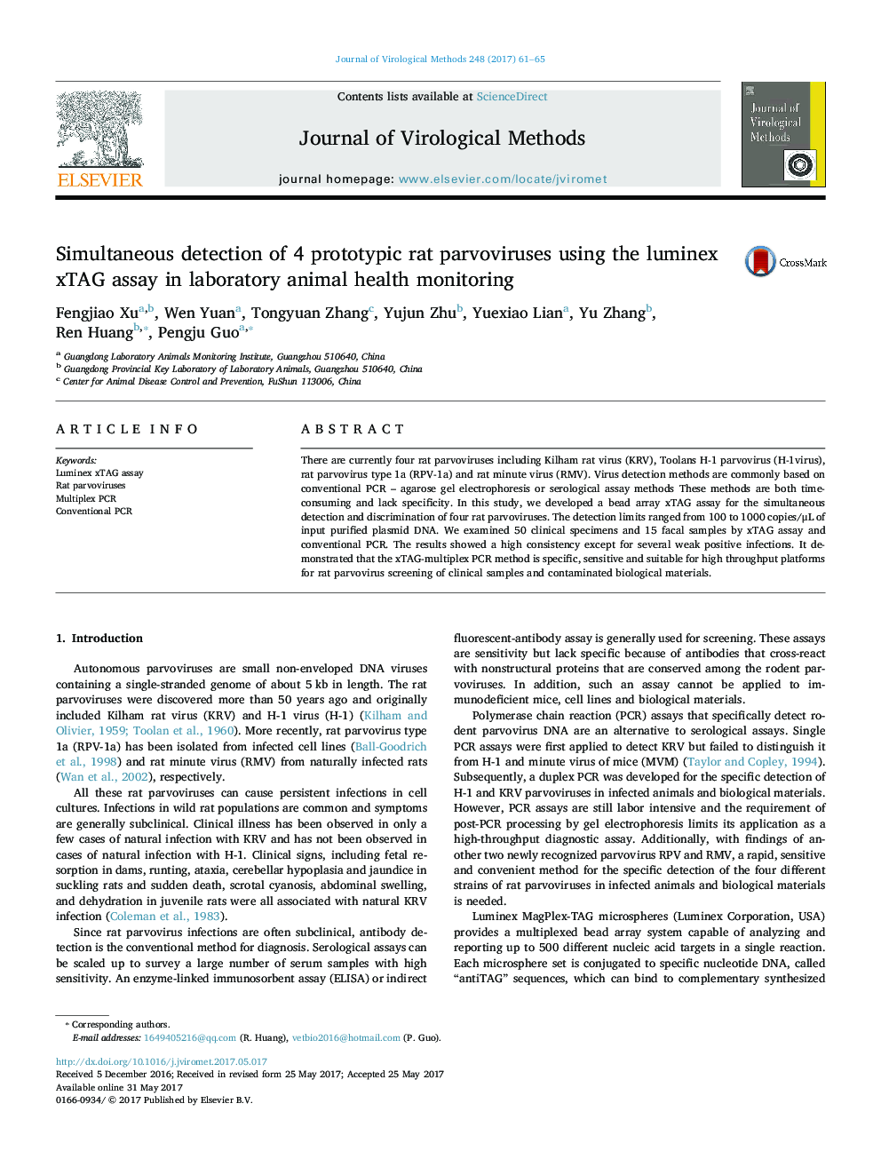 Simultaneous detection of 4 prototypic rat parvoviruses using the luminex xTAG assay in laboratory animal health monitoring