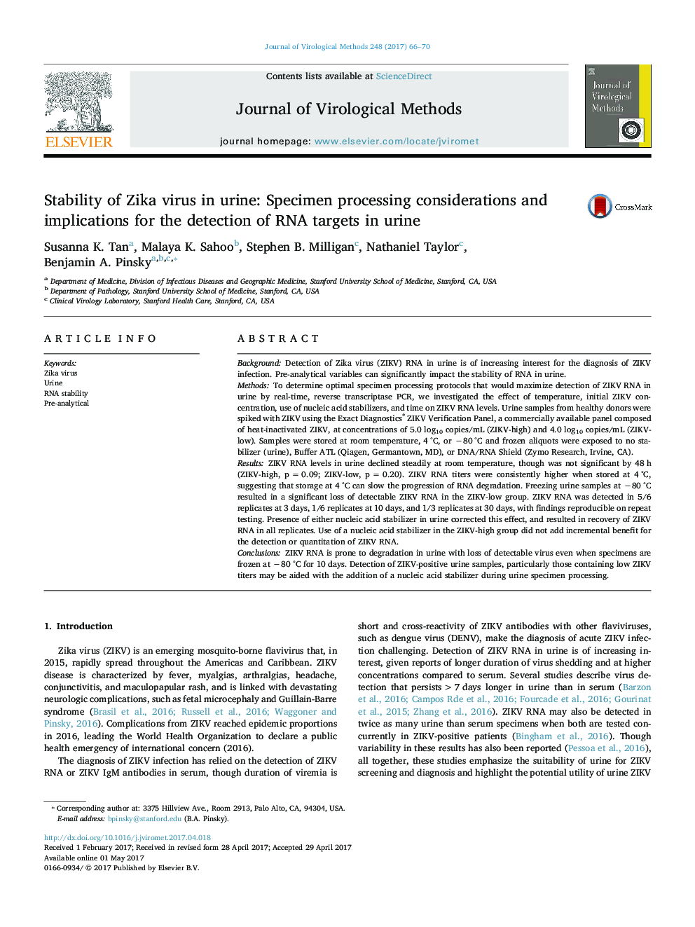 Stability of Zika virus in urine: Specimen processing considerations and implications for the detection of RNA targets in urine