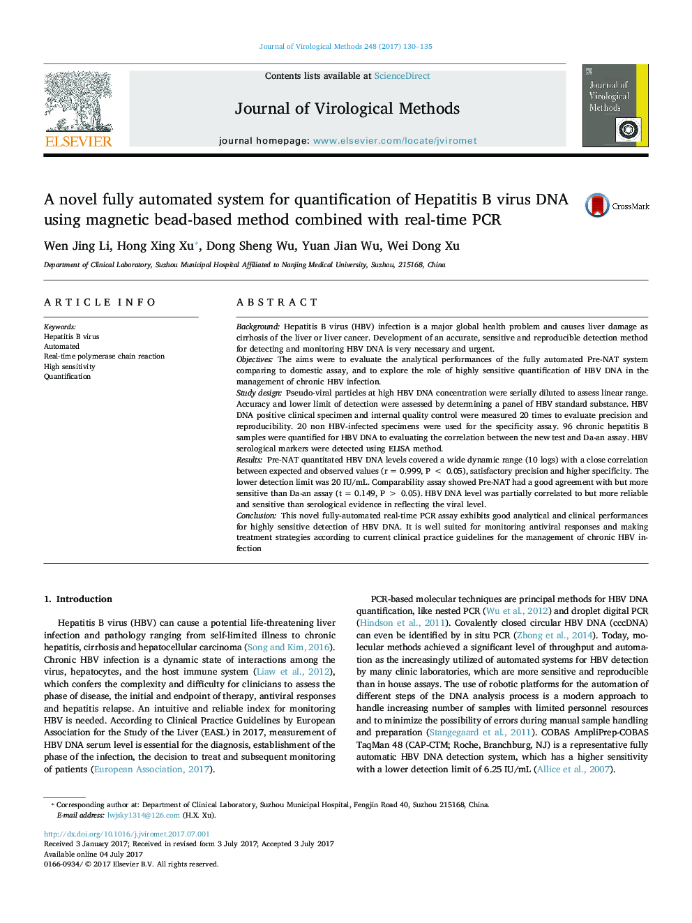 A novel fully automated system for quantification of Hepatitis B virus DNA using magnetic bead-based method combined with real-time PCR