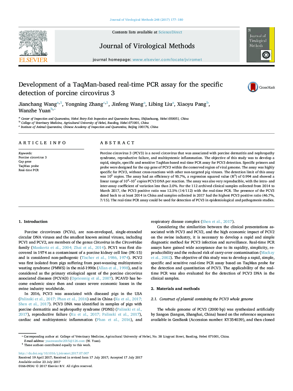 Development of a TaqMan-based real-time PCR assay for the specific detection of porcine circovirus 3