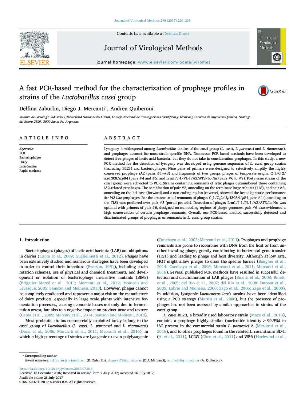 A fast PCR-based method for the characterization of prophage profiles in strains of the Lactobacillus casei group