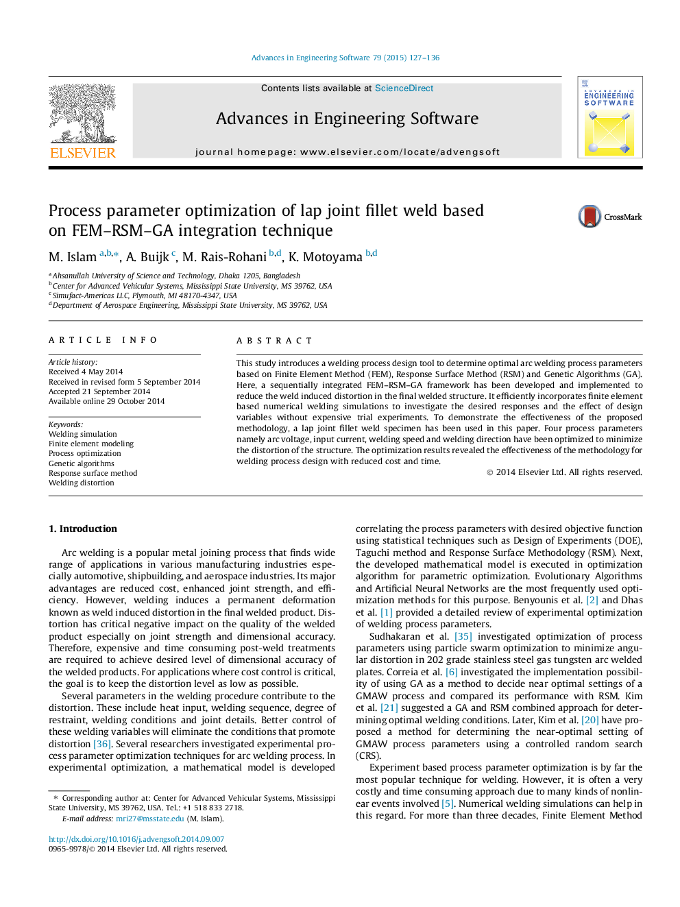 Process parameter optimization of lap joint fillet weld based on FEM–RSM–GA integration technique