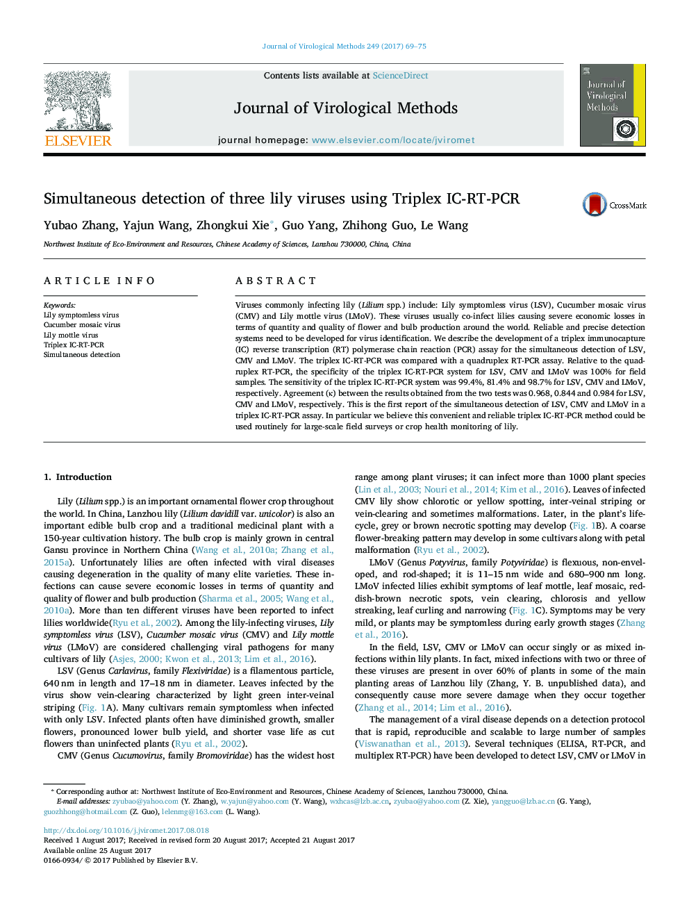 Simultaneous detection of three lily viruses using Triplex IC-RT-PCR