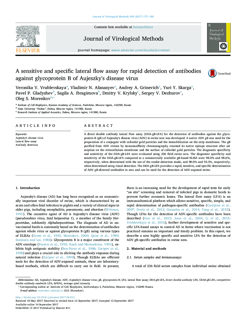 A sensitive and specific lateral flow assay for rapid detection of antibodies against glycoprotein B of Aujeszky's disease virus