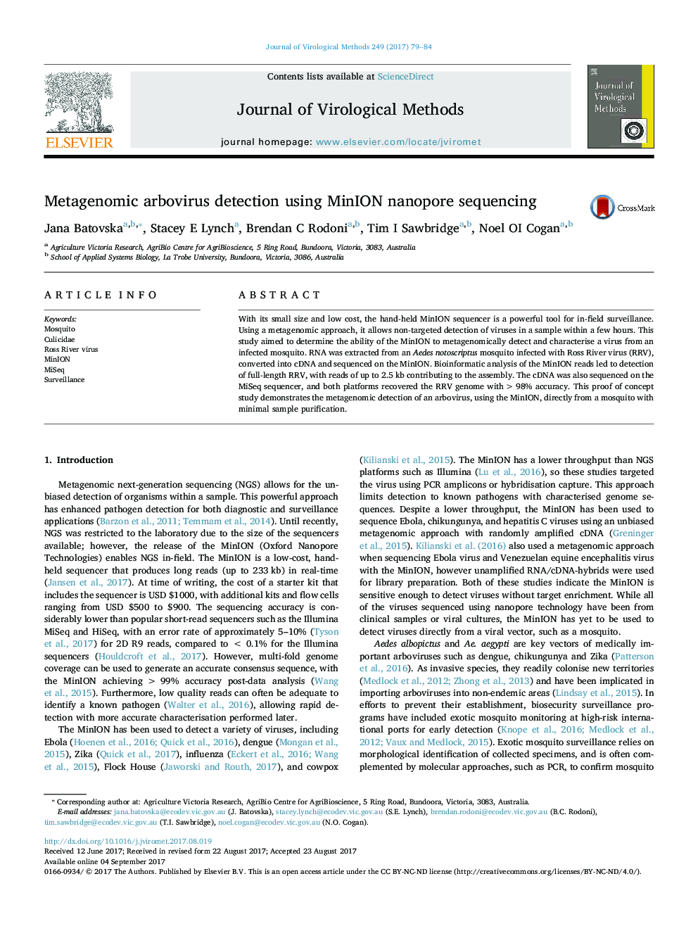 Metagenomic arbovirus detection using MinION nanopore sequencing