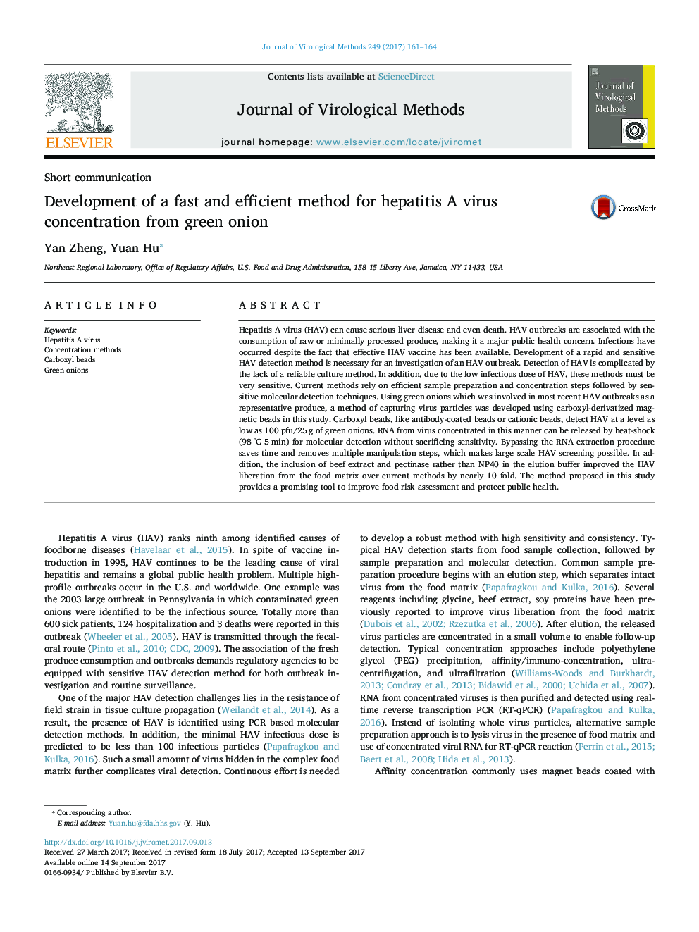 Development of a fast and efficient method for hepatitis A virus concentration from green onion