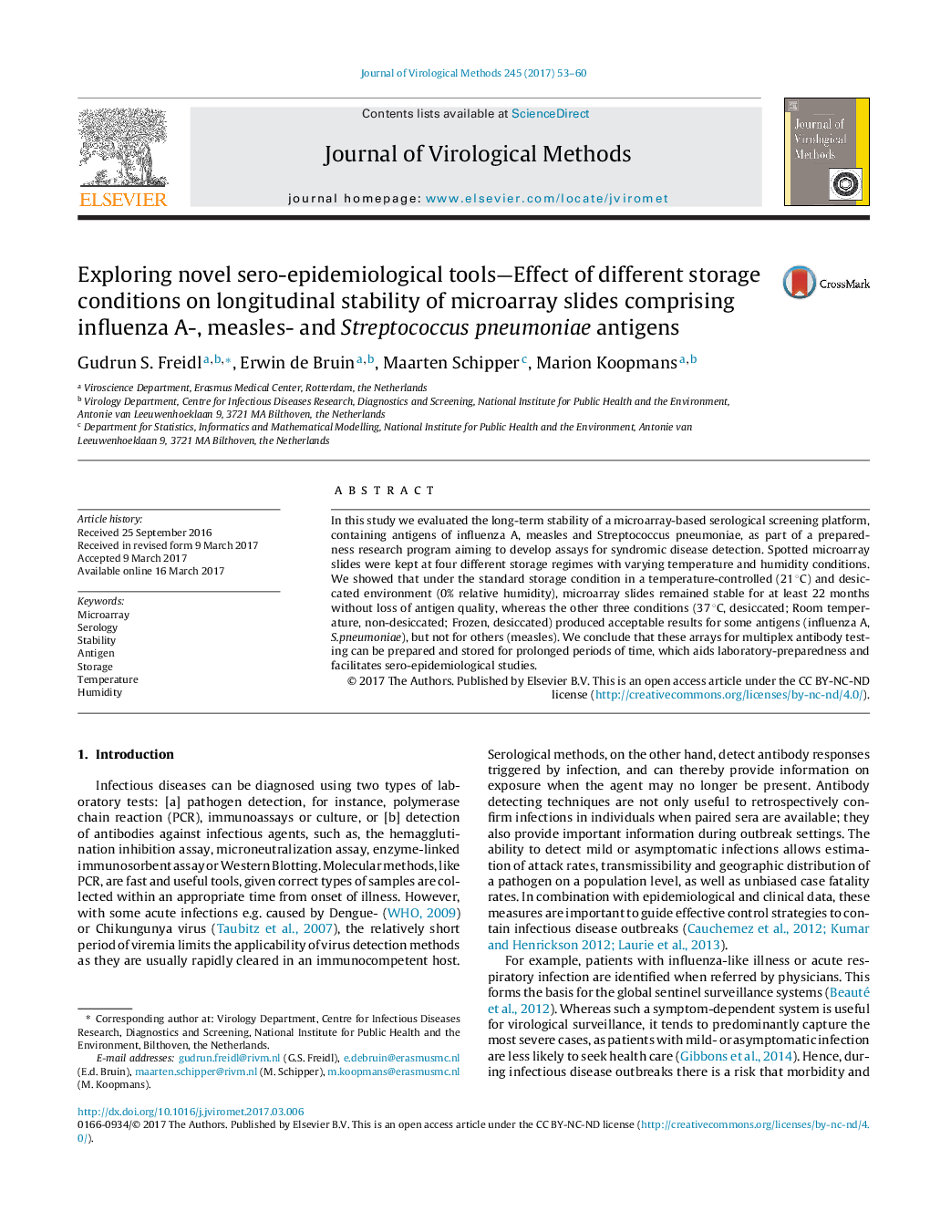 Exploring novel sero-epidemiological tools-Effect of different storage conditions on longitudinal stability of microarray slides comprising influenza A-, measles- and Streptococcus pneumoniae antigens