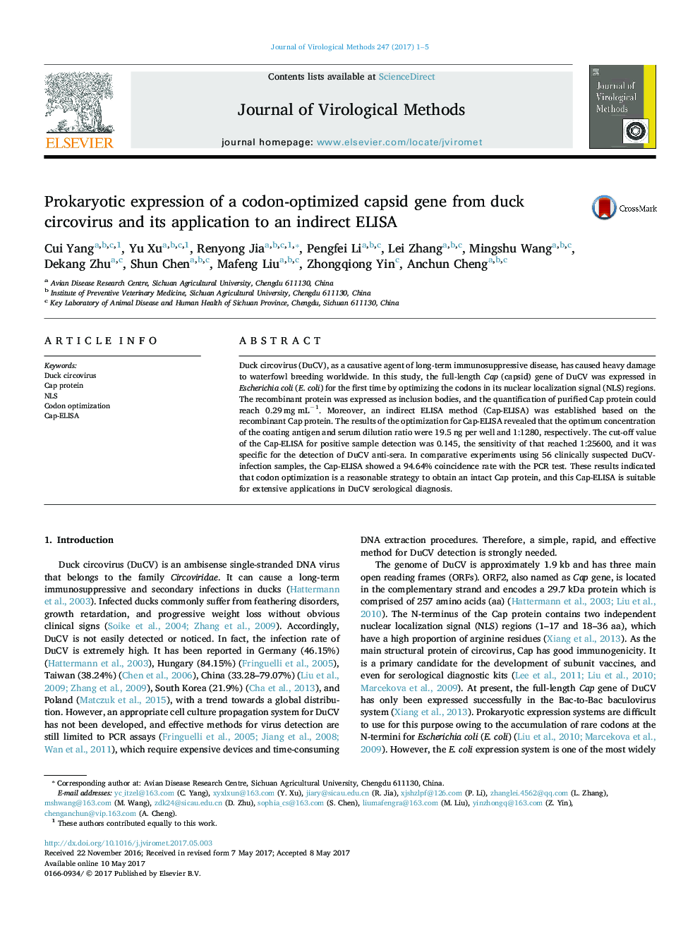 Prokaryotic expression of a codon-optimized capsid gene from duck circovirus and its application to an indirect ELISA