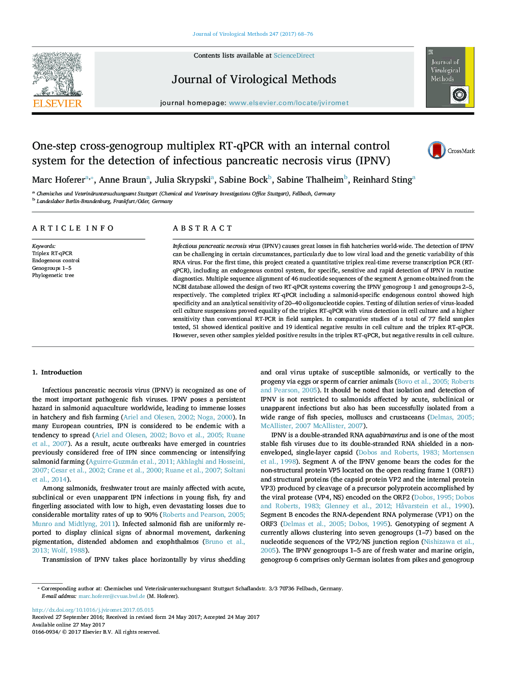 One-step cross-genogroup multiplex RT-qPCR with an internal control system for the detection of infectious pancreatic necrosis virus (IPNV)