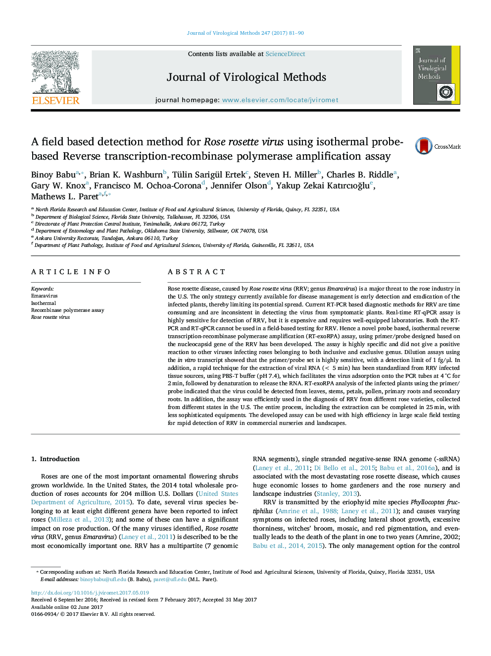 A field based detection method for Rose rosette virus using isothermal probe-based Reverse transcription-recombinase polymerase amplification assay