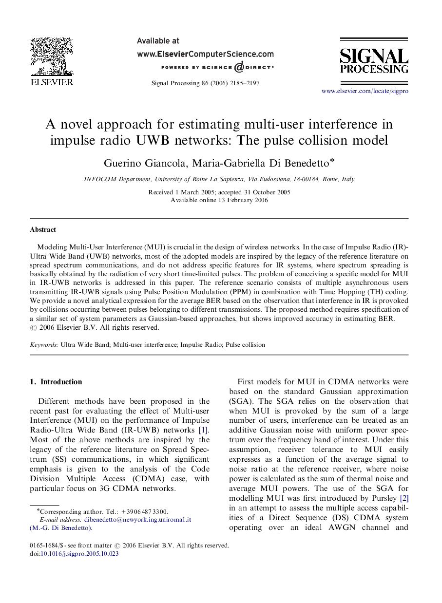 A novel approach for estimating multi-user interference in impulse radio UWB networks: The pulse collision model