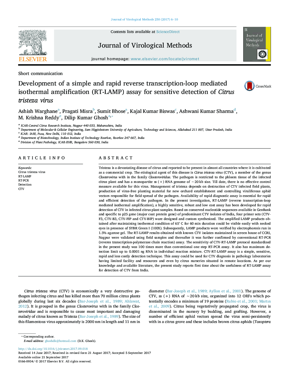 Development of a simple and rapid reverse transcription-loop mediated isothermal amplification (RT-LAMP) assay for sensitive detection of Citrus tristeza virus