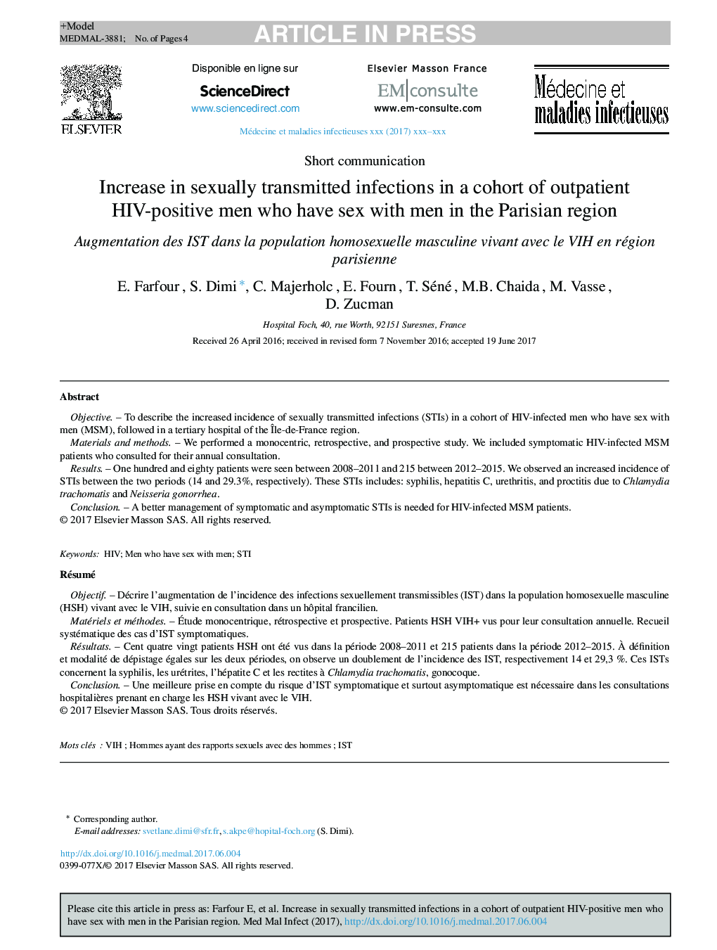 Increase in sexually transmitted infections in a cohort of outpatient HIV-positive men who have sex with men in the Parisian region