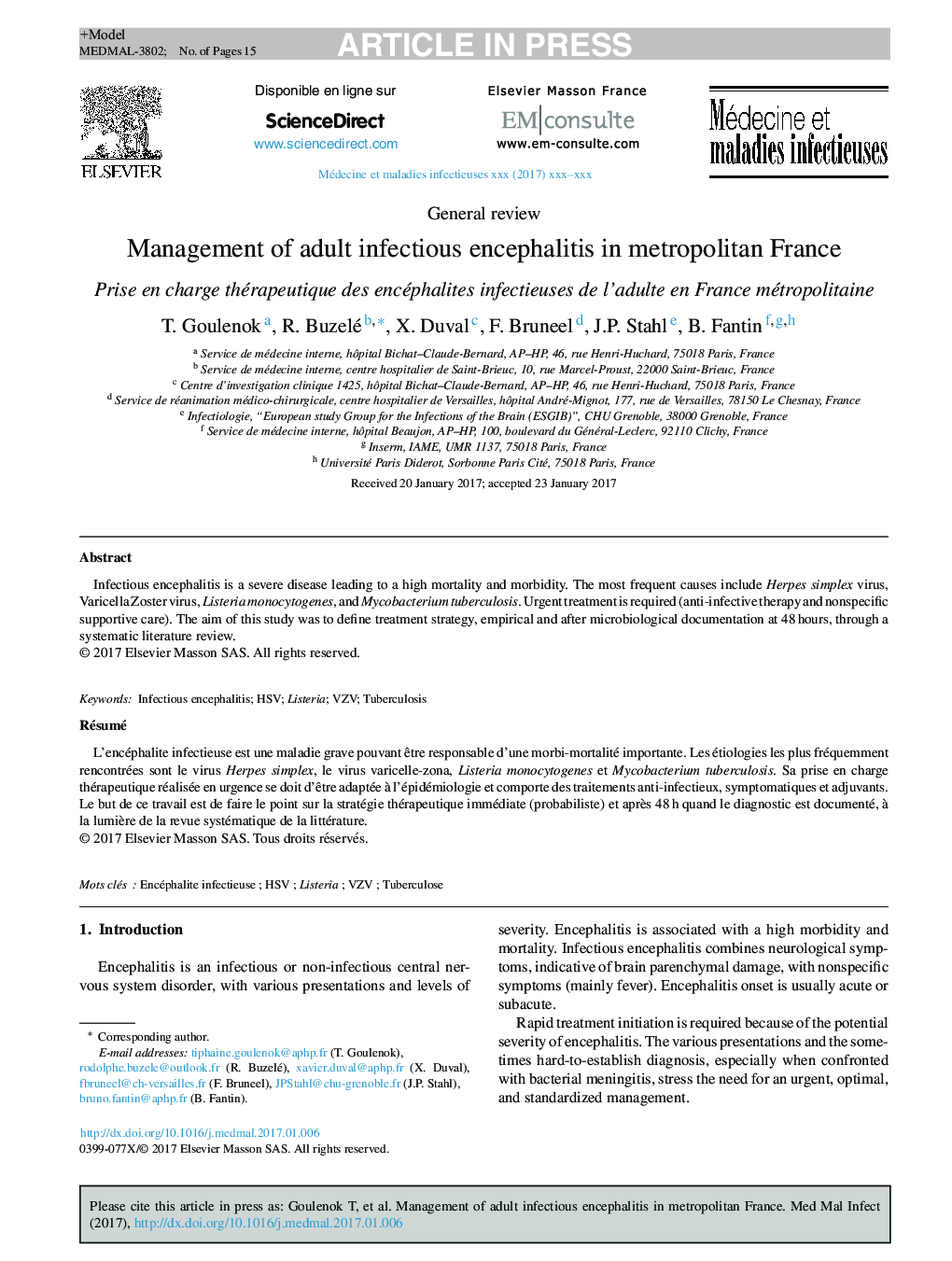 Management of adult infectious encephalitis in metropolitan France