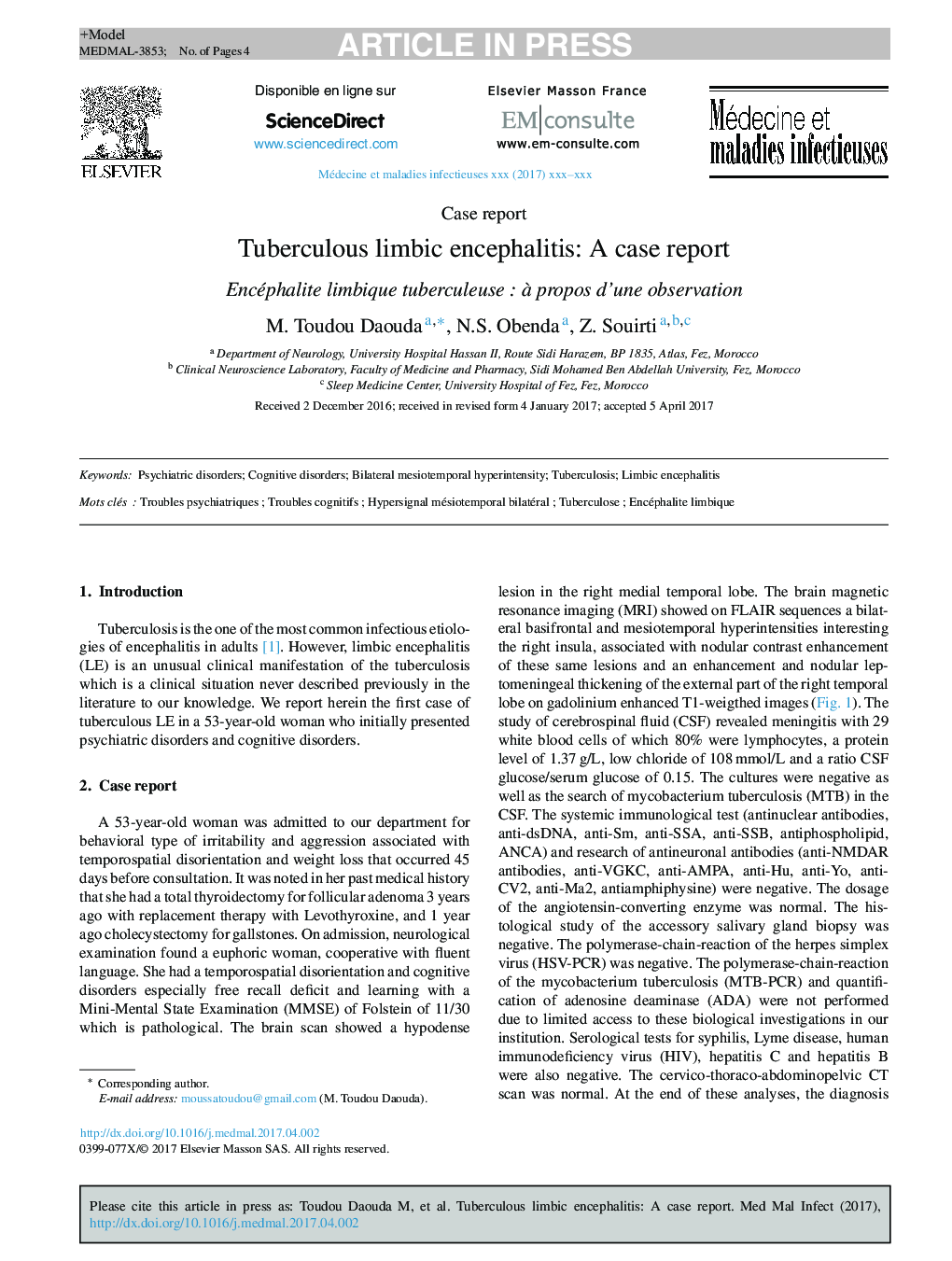 Tuberculous limbic encephalitis: A case report