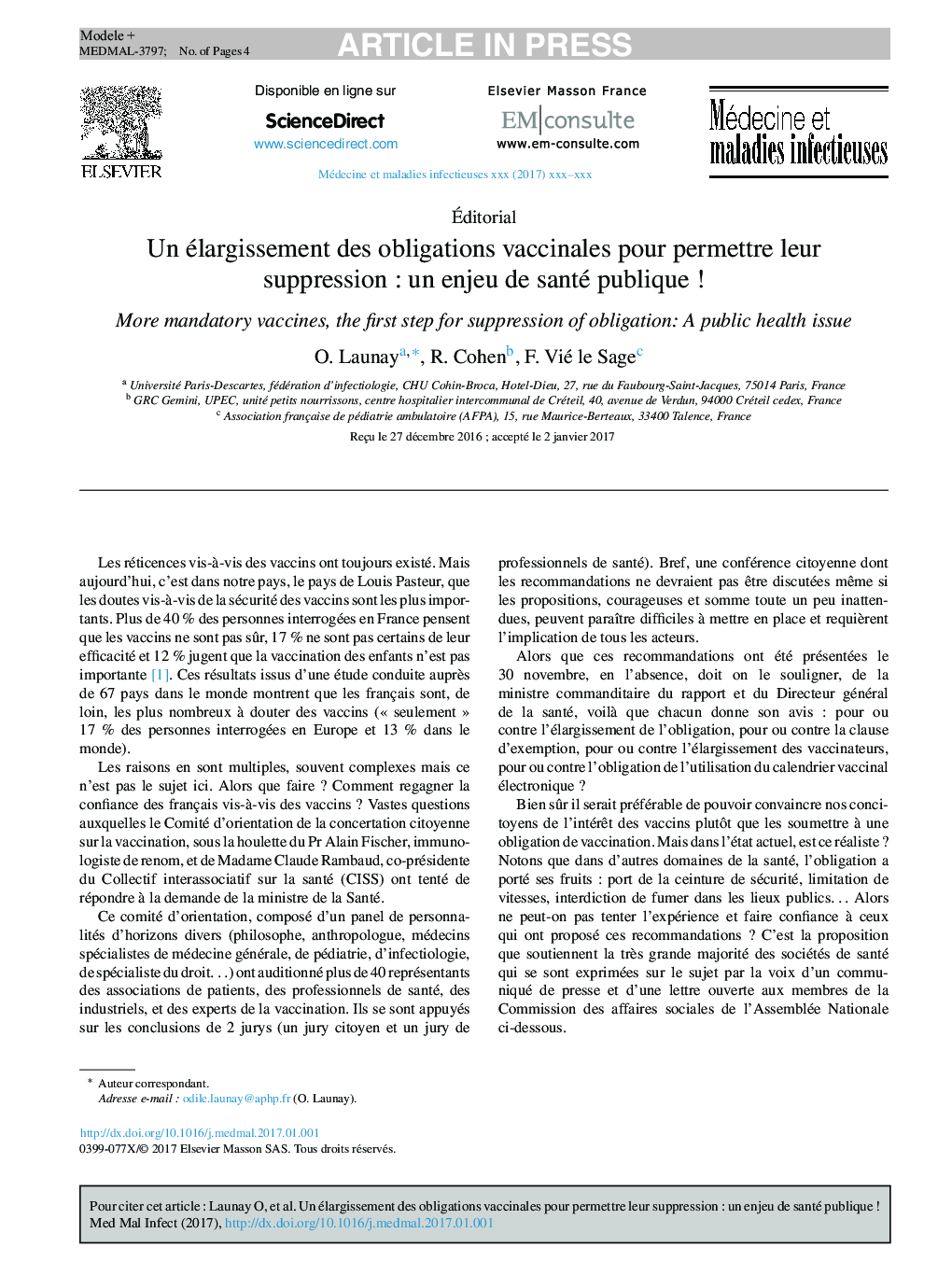 عکس صفحه اول مقاله: Un élargissement des obligations vaccinales pour permettre leur suppression : un enjeu de santé publique ! Un élargissement des obligations vaccinales pour permettre leur suppression : un enjeu de santé publique !