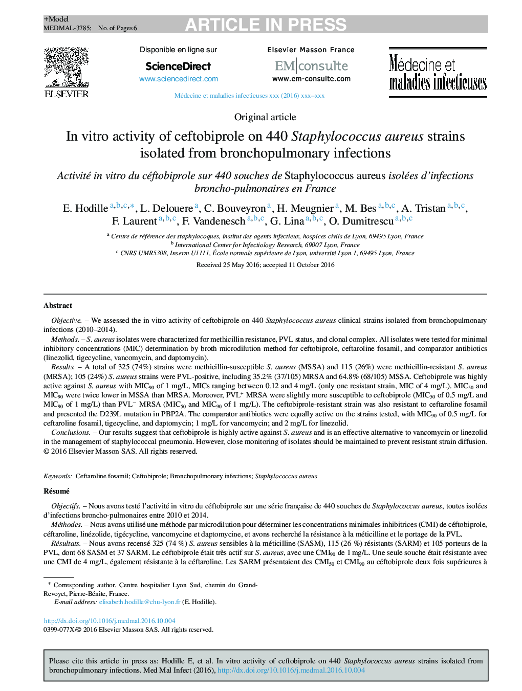 In vitro activity of ceftobiprole on 440 Staphylococcus aureus strains isolated from bronchopulmonary infections