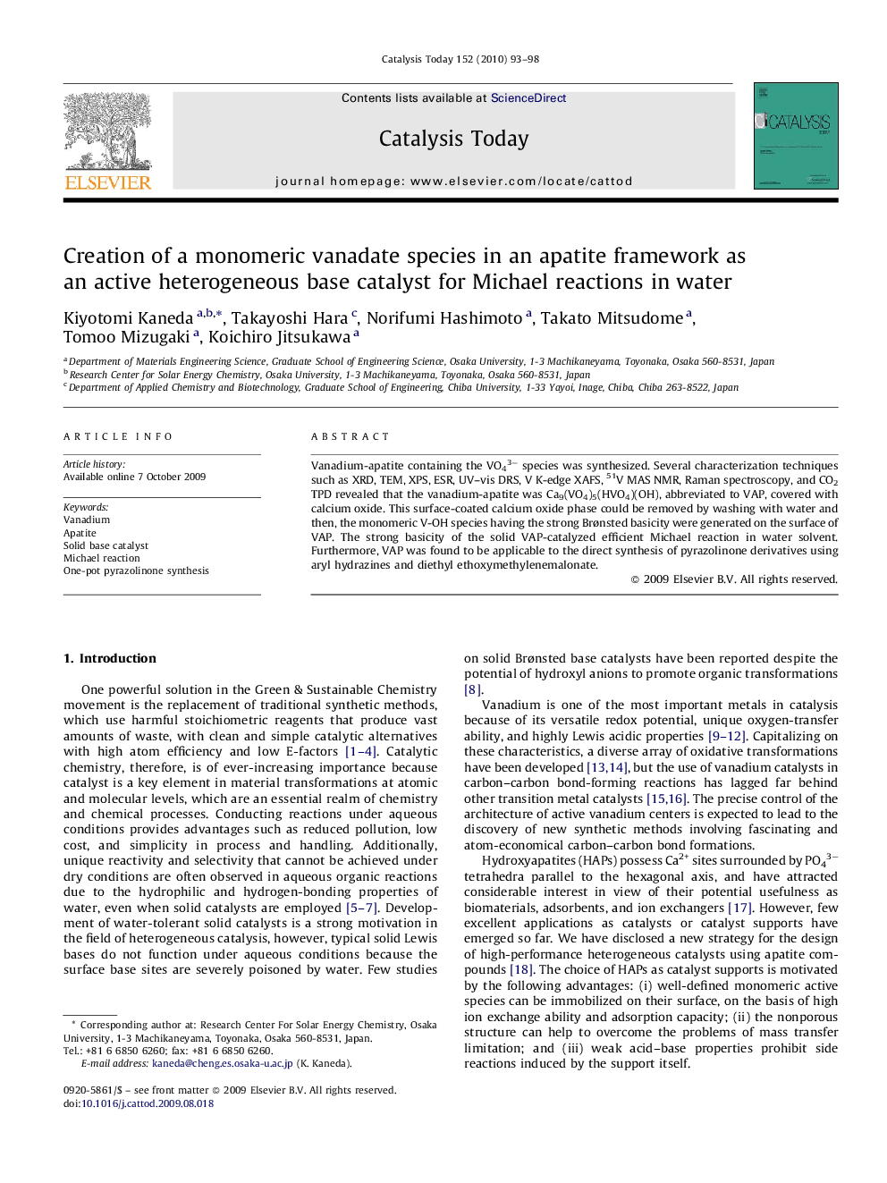 Creation of a monomeric vanadate species in an apatite framework as an active heterogeneous base catalyst for Michael reactions in water