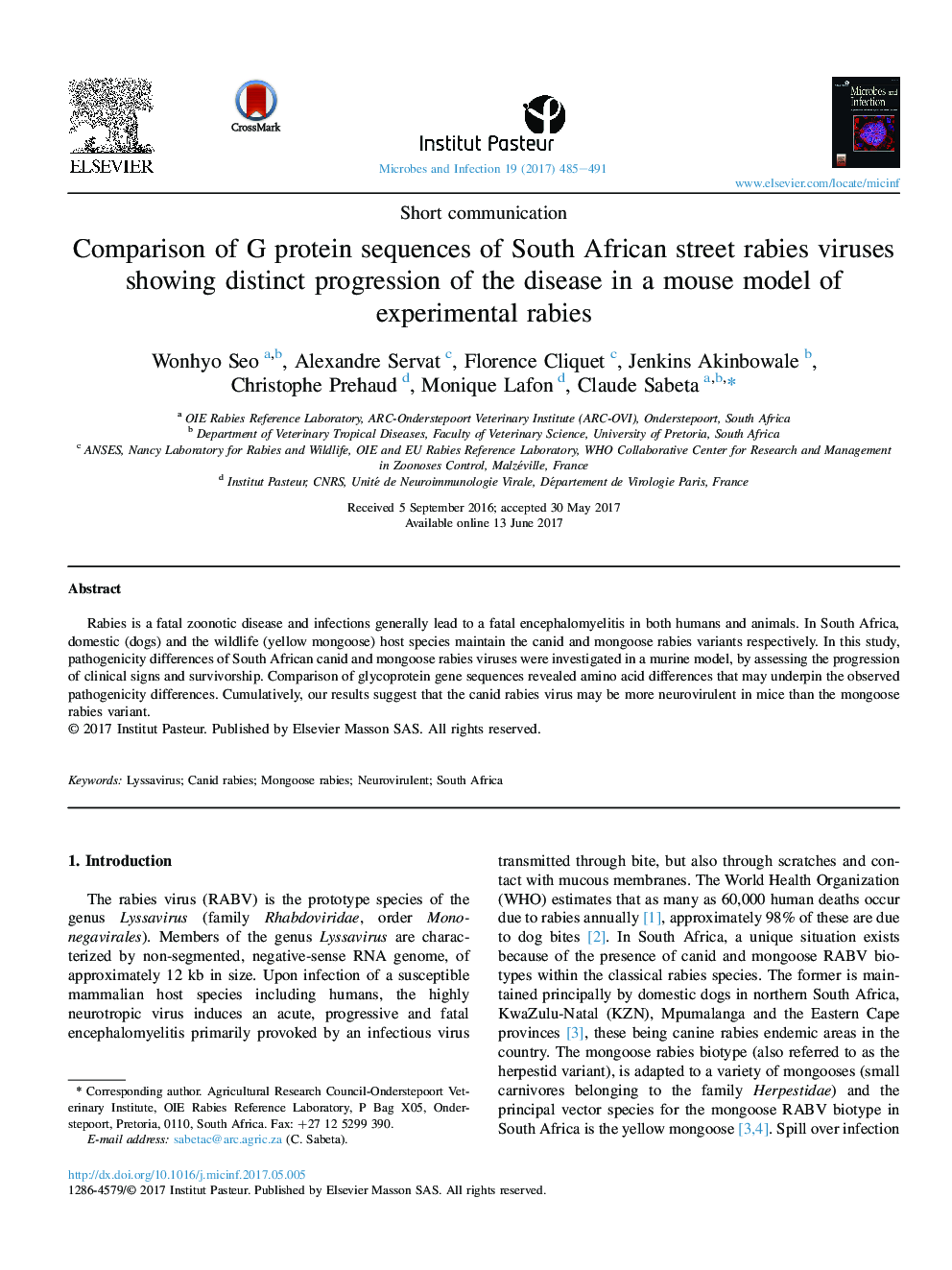 Comparison of G protein sequences of South African street rabies viruses showing distinct progression of the disease in a mouse model of experimental rabies