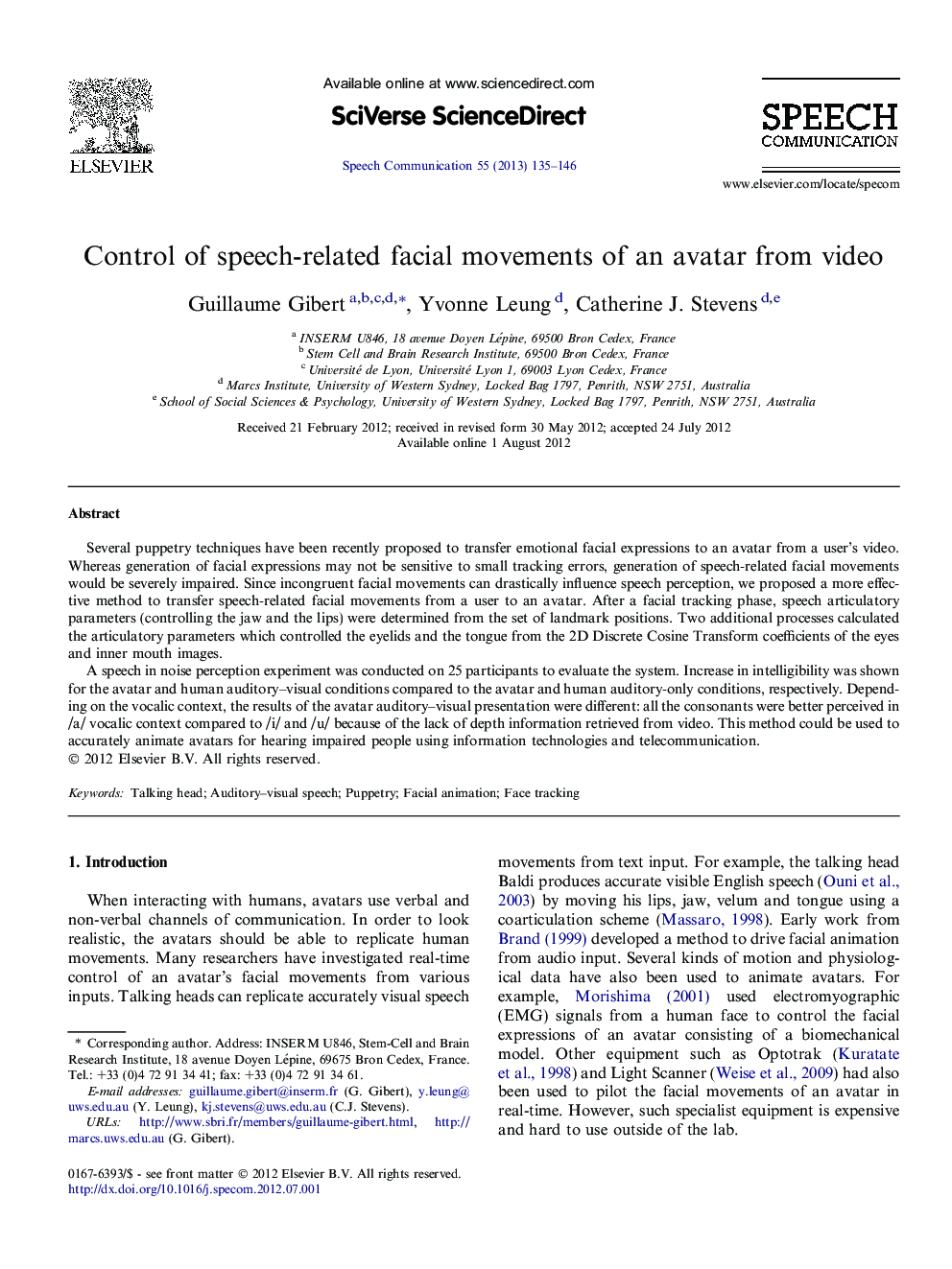 Control of speech-related facial movements of an avatar from video