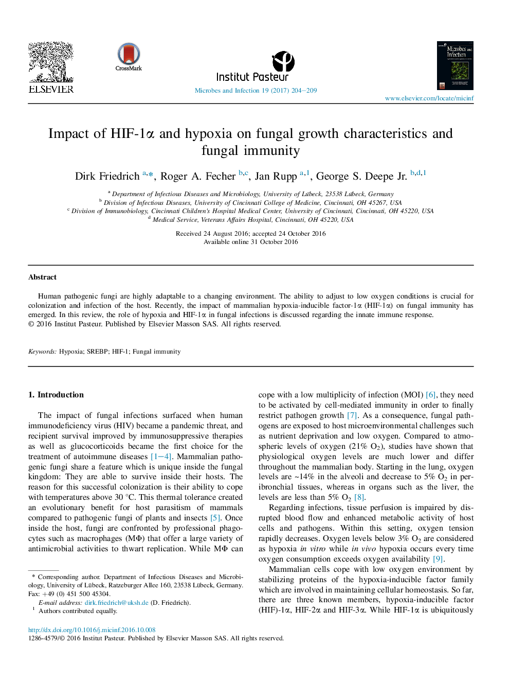 Impact of HIF-1Î± and hypoxia on fungal growth characteristics and fungal immunity