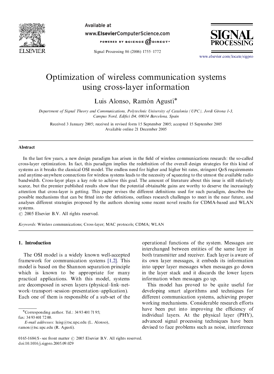 Optimization of wireless communication systems using cross-layer information