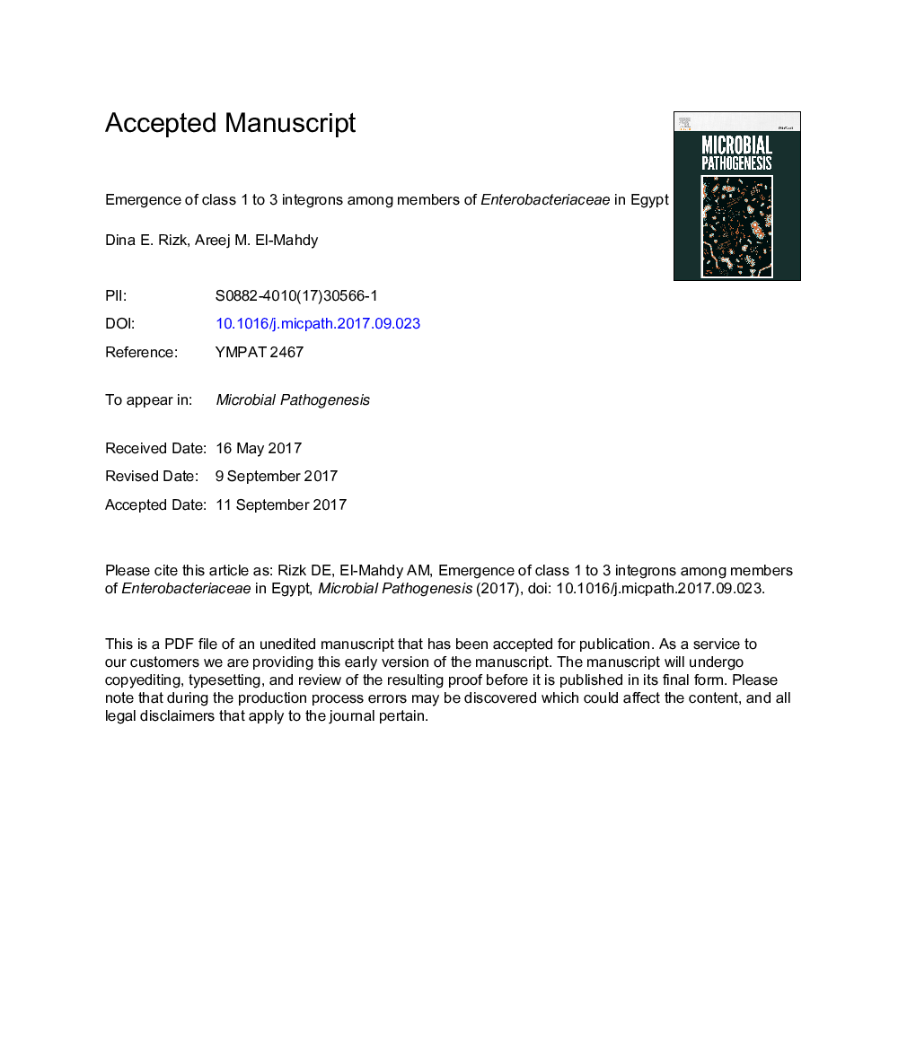 Emergence of class 1 to 3 integrons among members of Enterobacteriaceae in Egypt