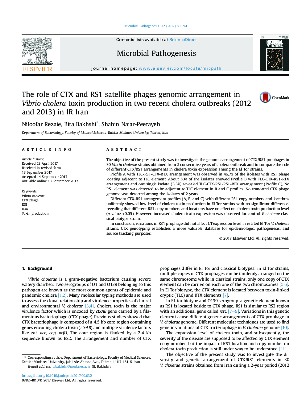 The role of CTX and RS1 satellite phages genomic arrangement in Vibrio cholera toxin production in two recent cholera outbreaks (2012 and 2013) in IR Iran