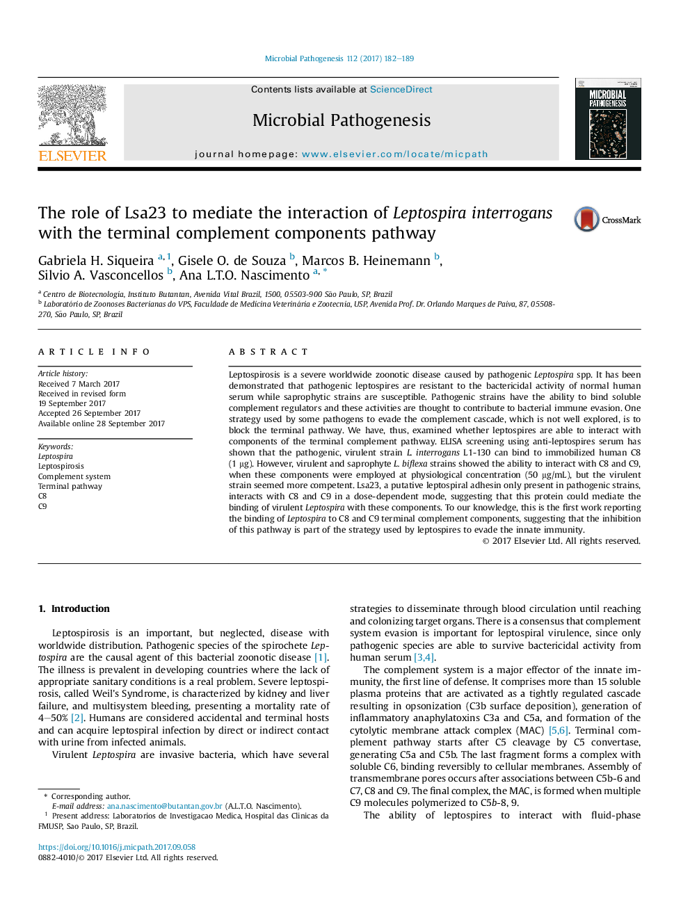 The role of Lsa23 to mediate the interaction of Leptospira interrogans with the terminal complement components pathway