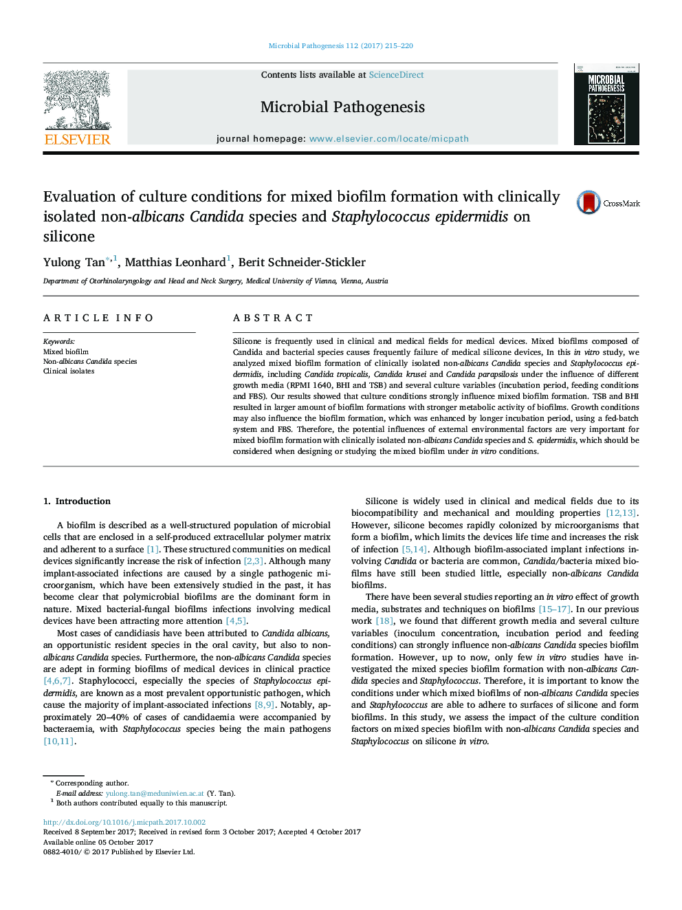 Evaluation of culture conditions for mixed biofilm formation with clinically isolated non-albicans Candida species and Staphylococcus epidermidis on silicone