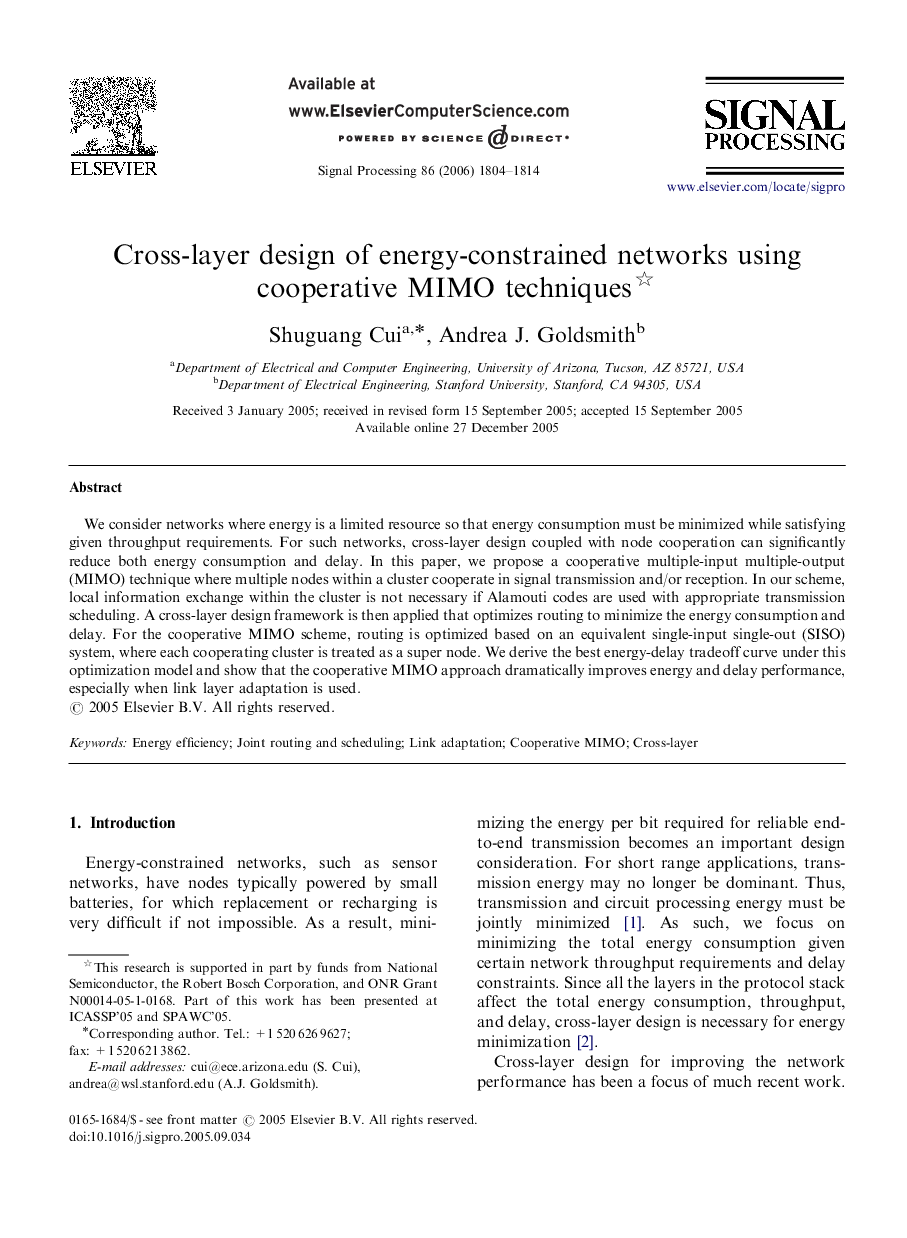 Cross-layer design of energy-constrained networks using cooperative MIMO techniques 