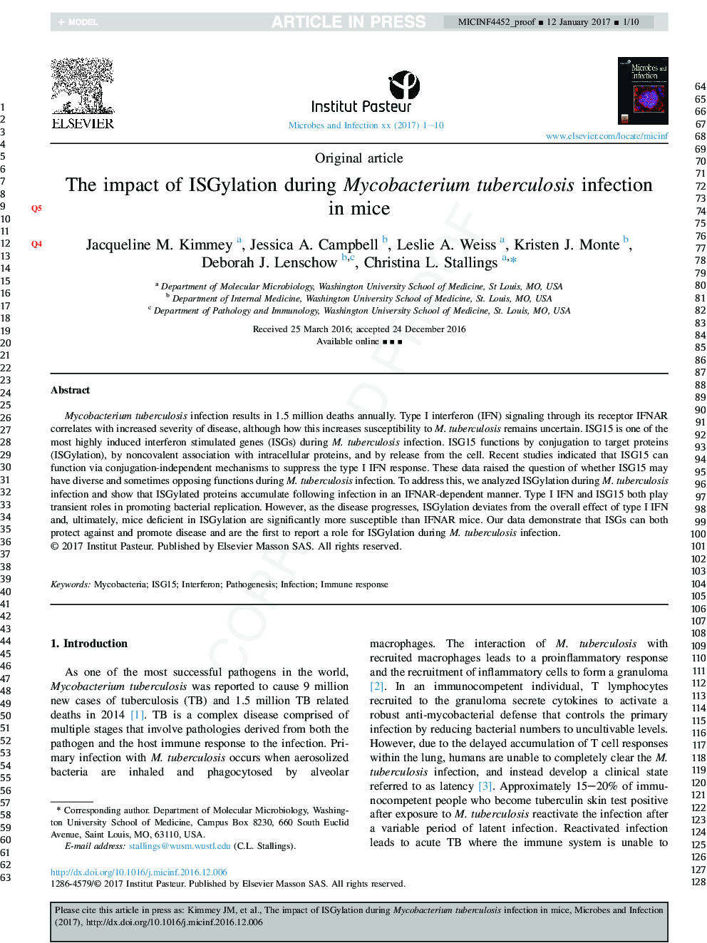 The impact of ISGylation during Mycobacterium tuberculosis infection in mice